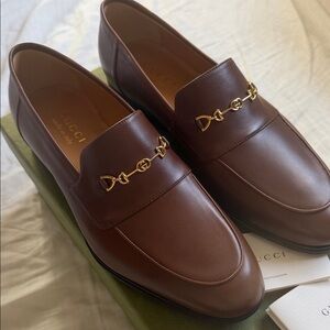 GUCCI Jakarta Brown Leather Gold GG Chain detail Mens Classy Dress Loafers 7.5